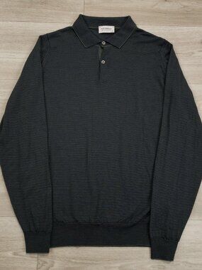 John Smedley Knit Polo Shirt Mens Medium Striped Long Sleeve Blue Gray England M